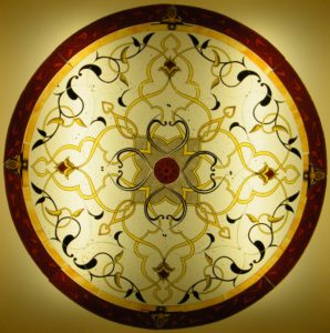 Vetrata artistica in stile arabo e islamico, con giallo argento e smalti, pronta per essere tessuta a piombo