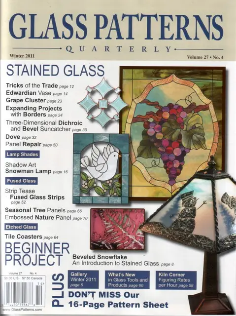 Copertina della rivista di vetrate artistiche Glass Patterns Quarterly con pubblicazione Iko Studio, vetrata di Diego Tolomelli