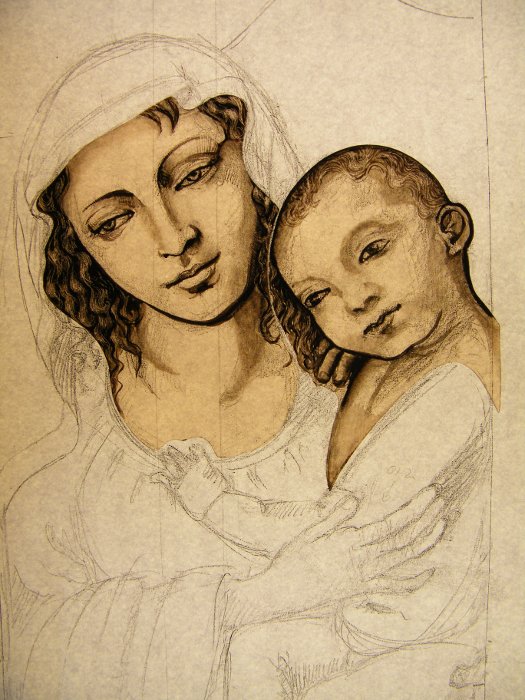 Pintura en grisalla madonna con niño