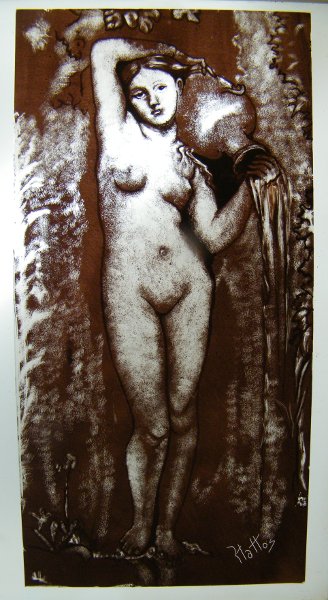 Pintura sobre vidrio mujer desnuda