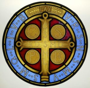 Stained Glass Window with Saint Benedict Cross