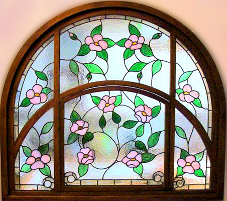 Arched Stained Glass With Pink Flowers