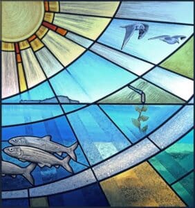 Modern stained glass with lake scene