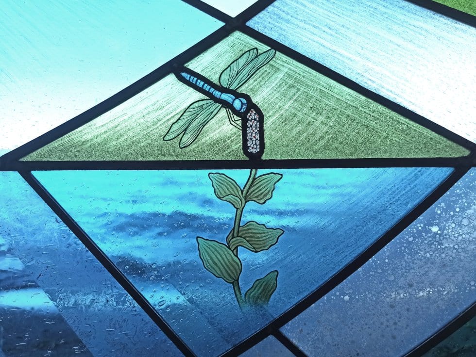 Modern stained glass with the lake dragonfly