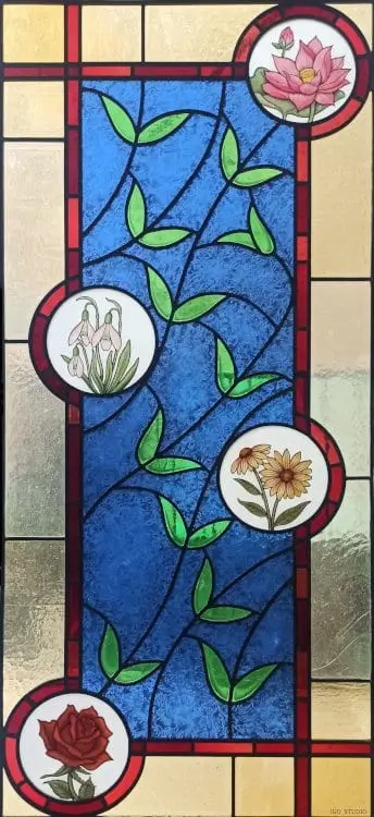 Stained glass window with flowers for a door